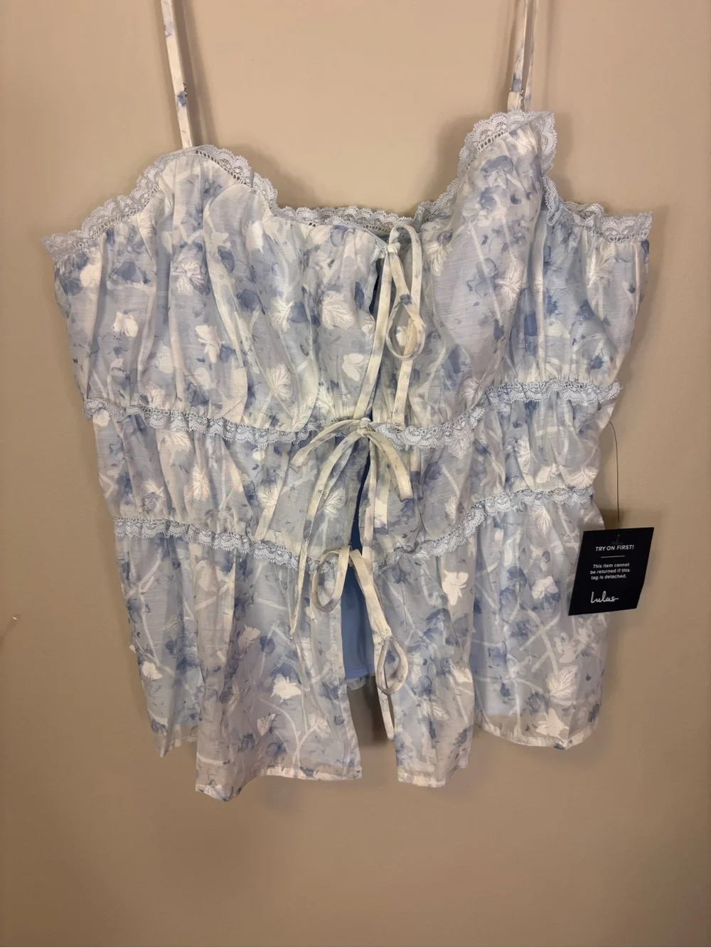 New Lulu's Pale Blue Floral Tie-Front Camisole Tank Top XL